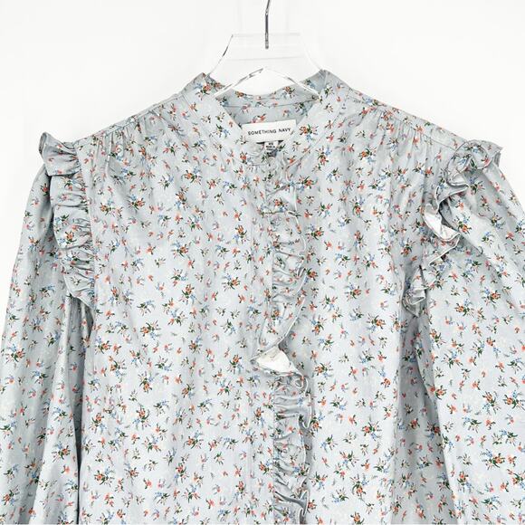 Something Navy Floral Ruffle Button Down Blouse XS Blue - Picture 4 of 8